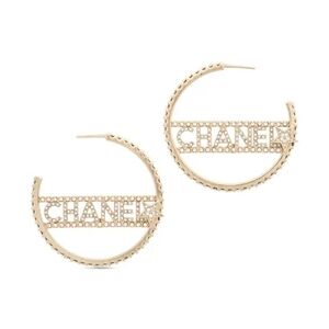 AUTHENTIC RARE CHANEL RUNWAY 22S CRYSTAL STAR LOGO STATEMENT HOOP EARRINGS